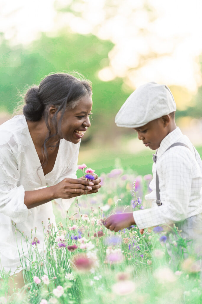 Mother and son posed witht he wildflowers of Richardson at Crowley Park