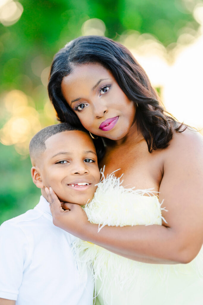 Mother and son sharing a tender moment during a golden hour session, captured by Frisco family photographer Tonaya Noel Photography