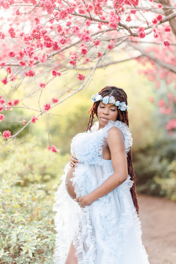 Maternity session at the Dallas Arboretum during cherry blossom season.