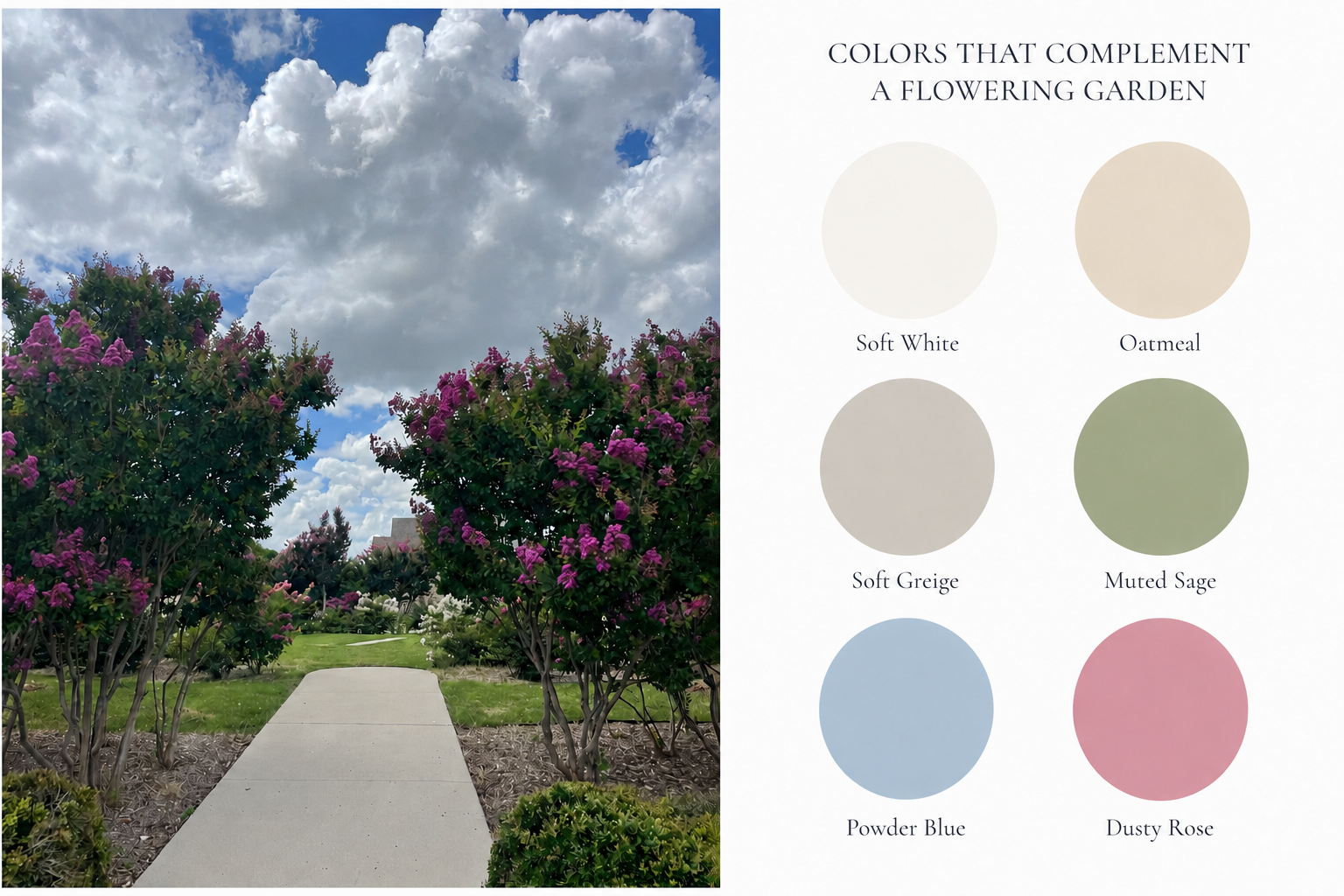Soft wardrobe color palette for family photos in a flowering garden